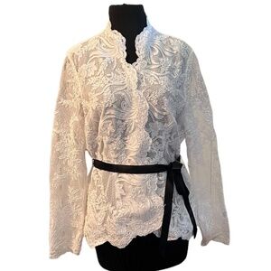 Victor‎ Costa Vintage White Lace Scalloped Edge Long Sleeve Blouse , Size 14